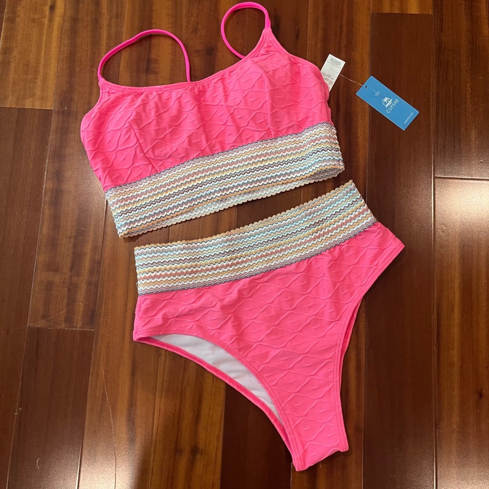 Cupshe Pink Bikini Set Textured Waistband Cheeky Swim Two Piece Barbie New M